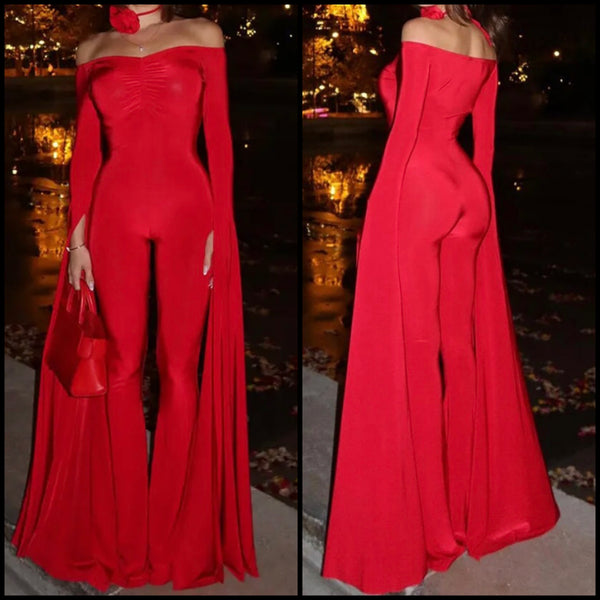 Women Sexy Red Full Sleeve Batwing Off The Shoulder Jumpsuit