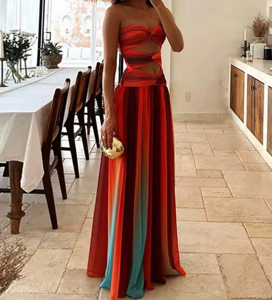 Women Sexy Strapless Cut Out Tie Dye Gradient Maxi Dress