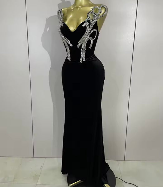 Women Sexy Strapless Rhinestone Black Velour Maxi Dress