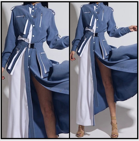 Women Sexy Color Patchwork Button Up Full Sleeve Maxi Dress
