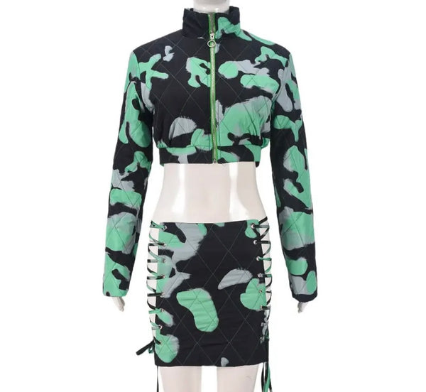 Women Fashion Printed Jacket Two Piece Lace Up Skirt Set