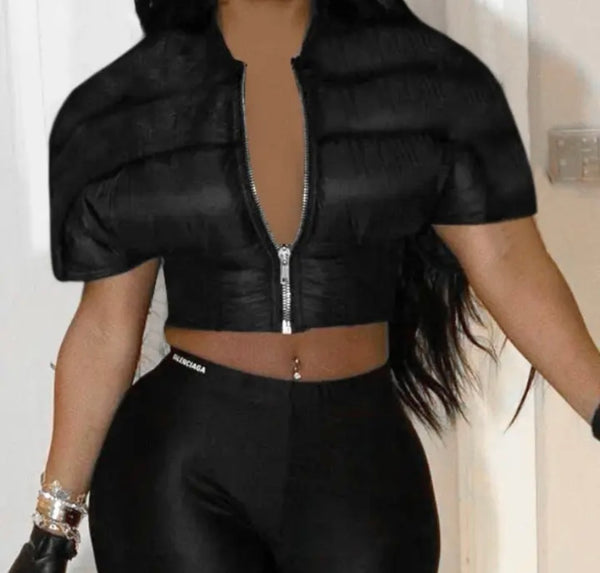 Women Fashion Black Puff Short Sleeve Jacket