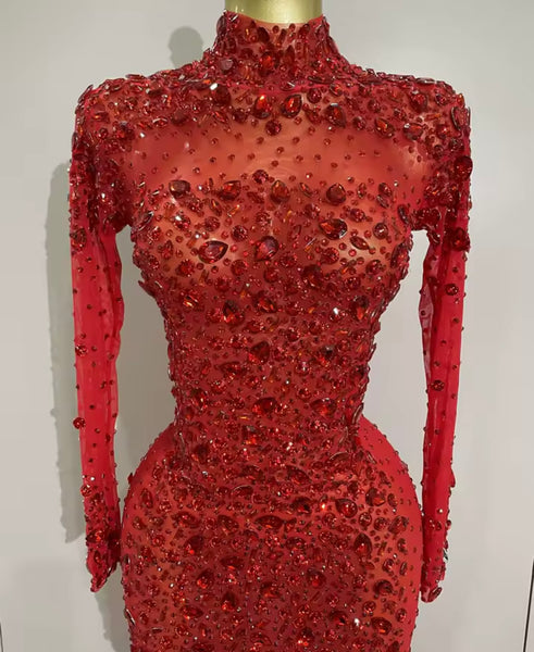 Women Sexy Color Crystal Feather Full Sleeve Mesh Maxi Dress