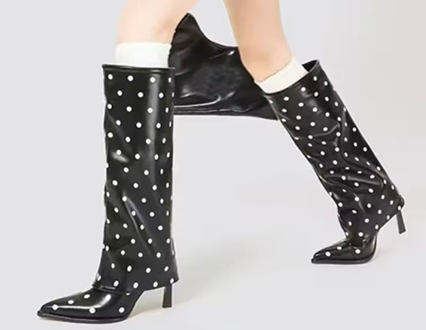 Women Fashion Polka Dot Faux Leather Knee High Boots