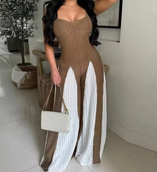 Women Sexy Sleeveless Color Patchwork Wide Leg Jumpsuit