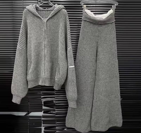Women Fashion Knitted Zip Up Hooded Tracksuit Two Piece Pant Set