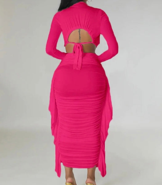 Women Sexy Solid Color Full Sleeve Open Back Crop Two Piece Ruched Maxi Skirt Set
