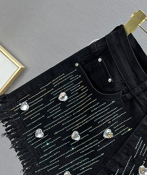 Women Fashion Fringe Heart Bling Denim Shorts