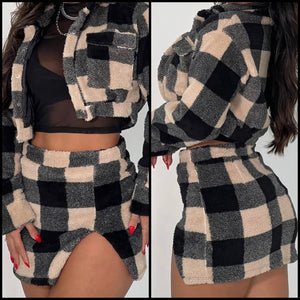 Women Fashion Color Patchwork Plaid Two Piece Skirt Set