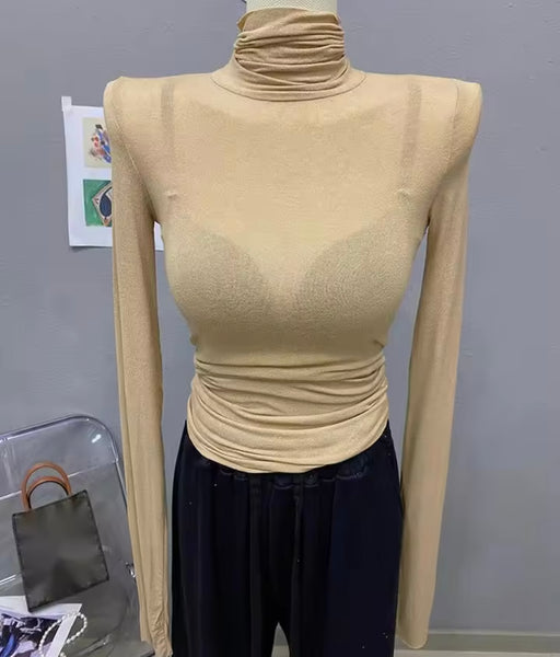Women Fashion Turtleneck Full Sleeve Mesh Top