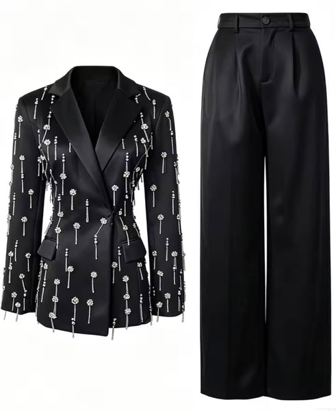 Women Fashion Rhinestone Tassel Blazer Two Piece Pant Set