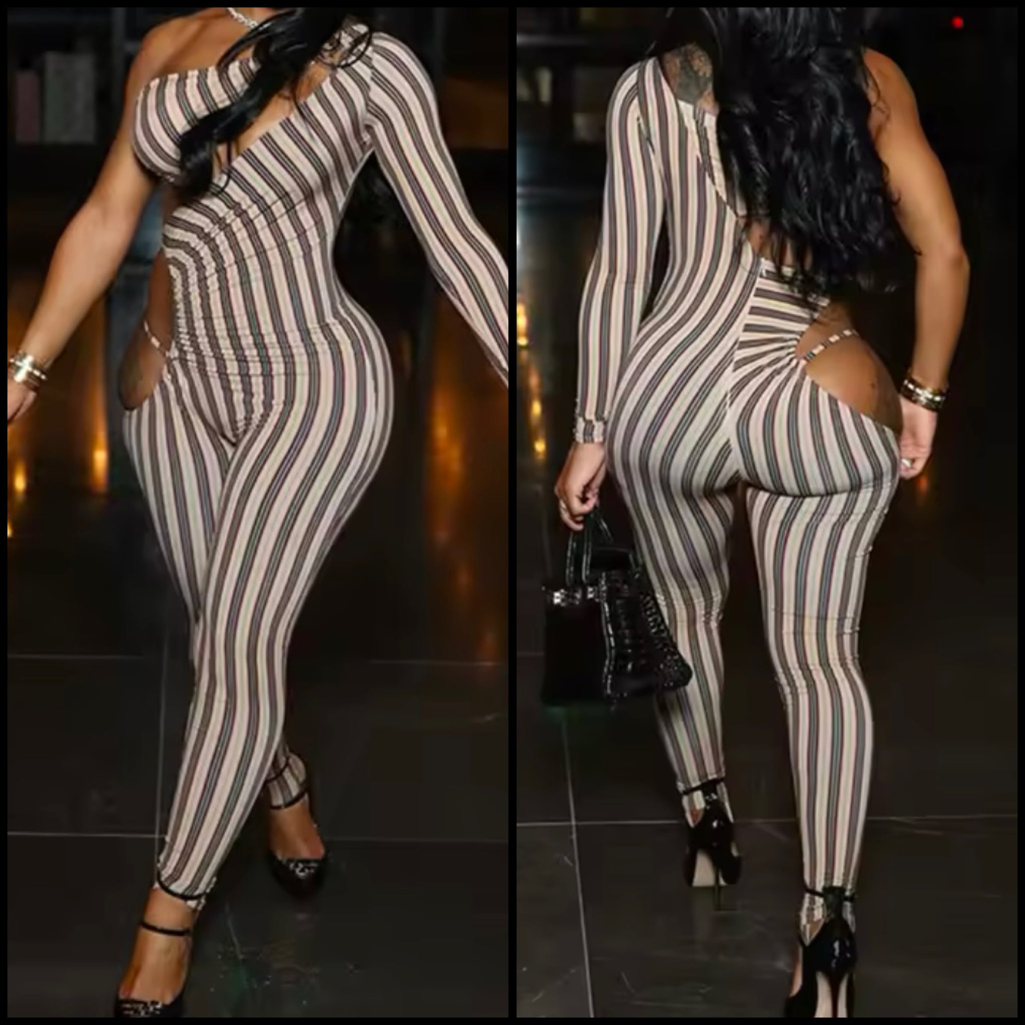 Women Sexy Striped One Shoulder Full Sleeve Cut Out Jumpsuit