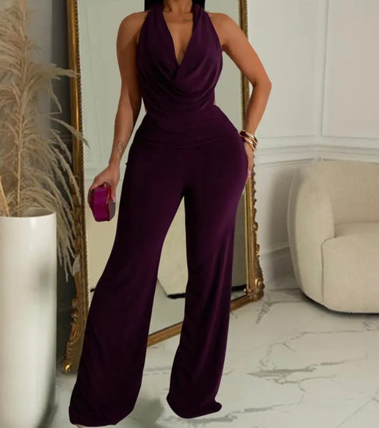 Women Sexy Solid Color Halter Sleeveless Jumpsuit