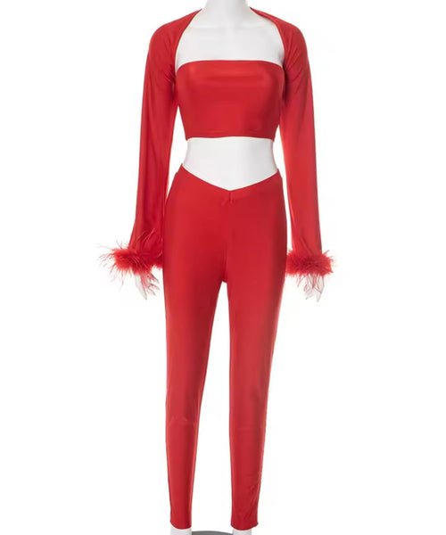Women Sexy Red Feather Full Sleeve Three Piece Pant Set
