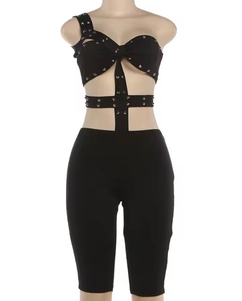 Women Sexy Fashion Rivet One Shoulder Sleeveless Romper