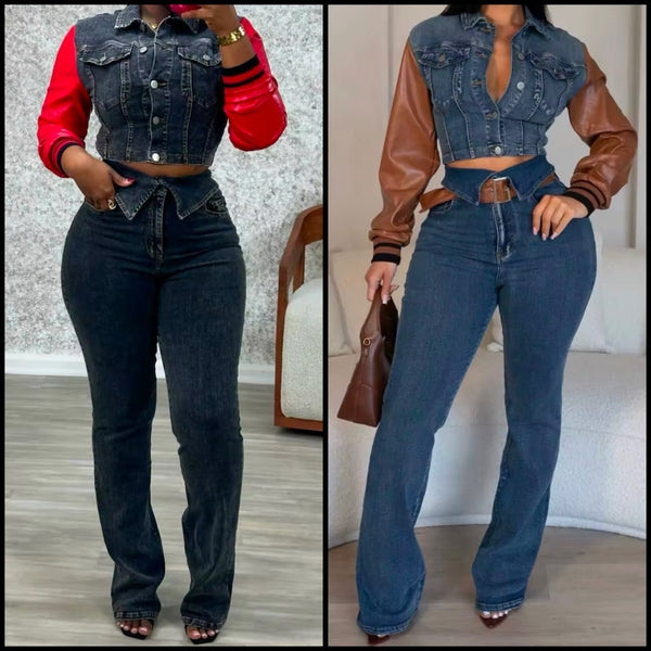 Women Fashion Faux Leather Patchwork Denim Two Piece Pant Set