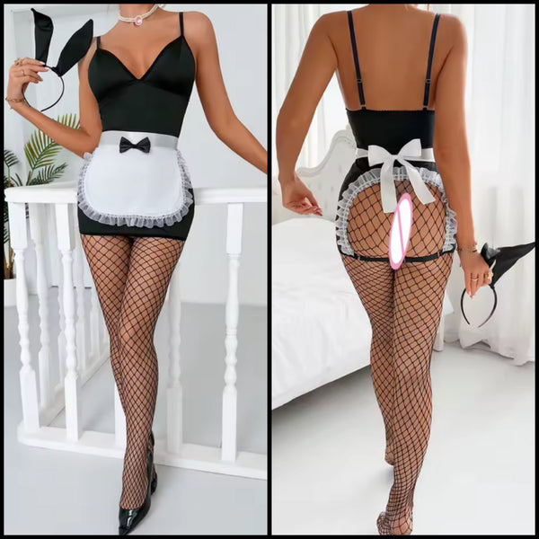 Women Sexy B&W Bunny Ears Headband Lingerie Set