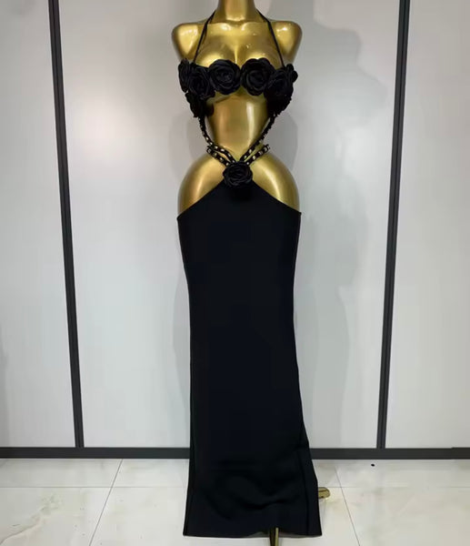 Women Black Sexy Floral Halter Sleeveless Cut Out Maxi Dress