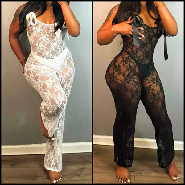 Women Sexy Bow Sleeveless Lace Jumpsuit