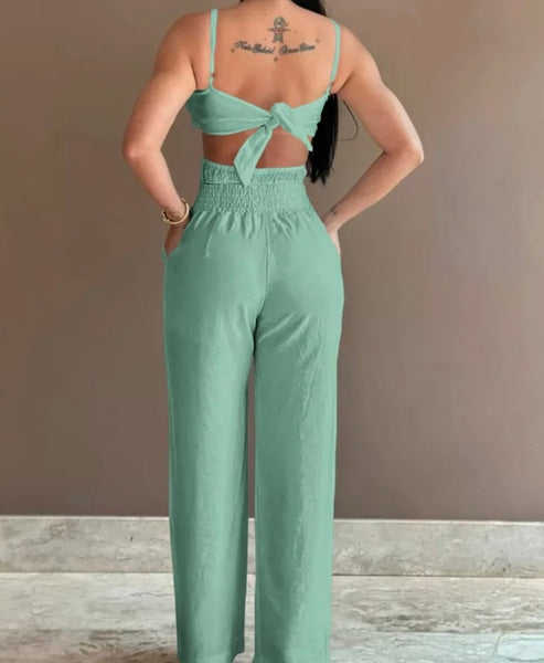 Women Sleeveless Floral Solid Color Sexy Fashion Jumpsuit