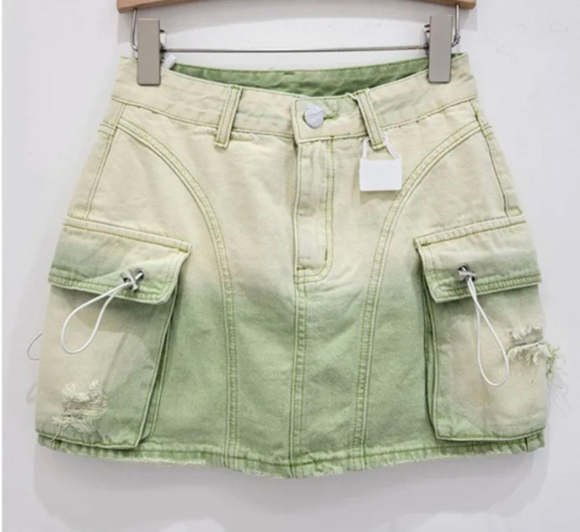 Women Fashion Color Patchwork Cargo Denim Skirt