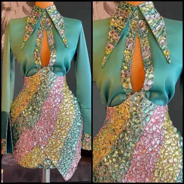 Women Sexy Rhinestone Crystal Full Sleeve Multicolored Two Piece Skirt Set