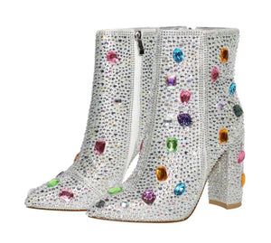 Women Fashion Silver Colorful Gem Ankle/Knee High Boots