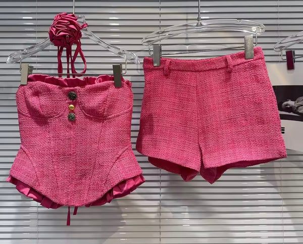Women Sexy Button Strapless Two Piece Short Set