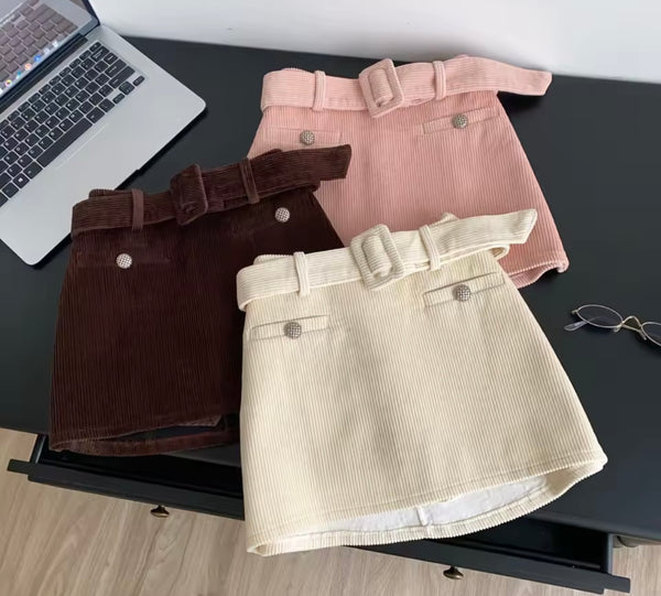 Women Sexy Fashion Belted Corduroy Skirt