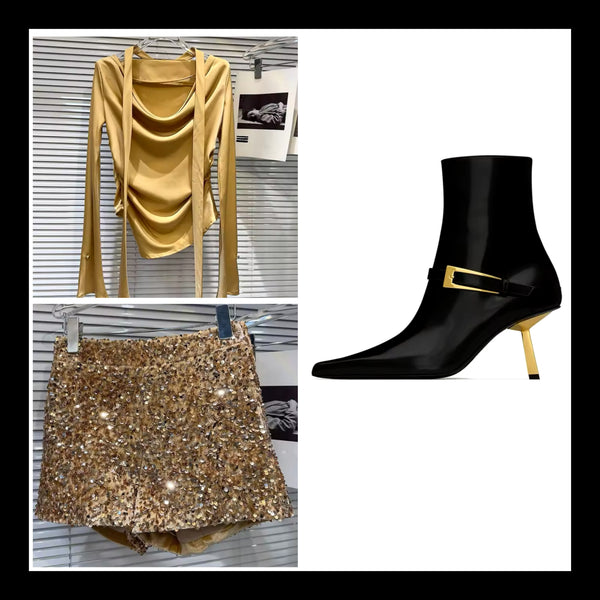 Women Fashion Pointed Toe Gold Buckled High Heel Ankle Boots