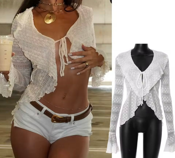 Women White Ruffled Mesh Full Sleeve Top