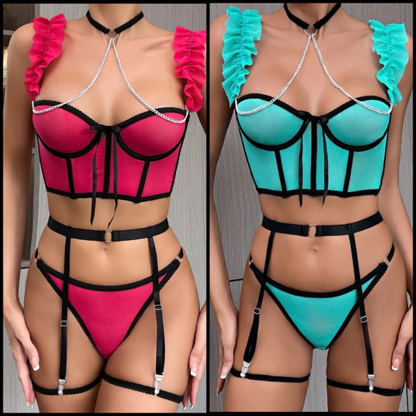 Women Sexy Color Patchwork Choker Chain Lingerie Set