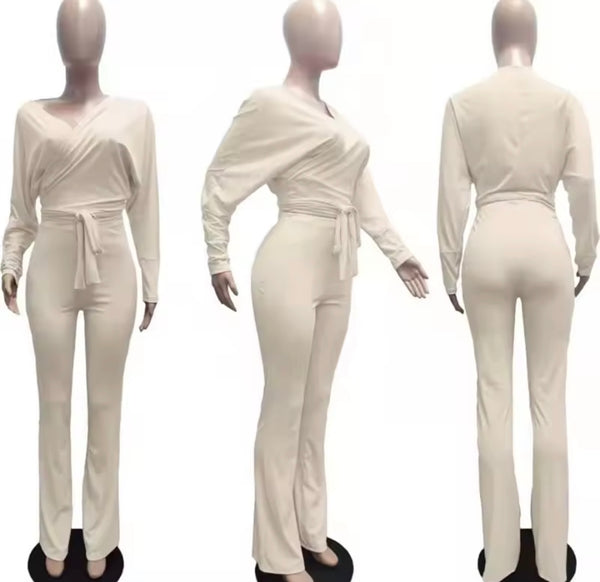 Women Fashion Full Sleeve Tie Up Crop Two Piece Pant Set