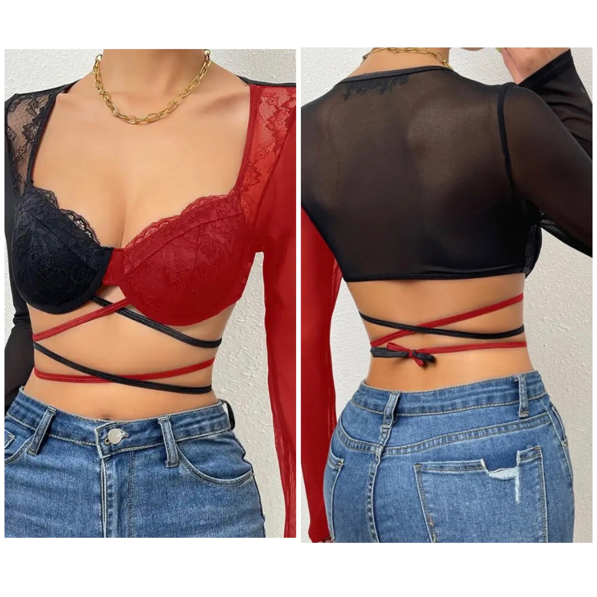 Women Sexy Lace Mesh Color Patchwork Crop Top