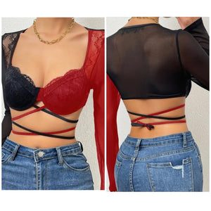Women Sexy Lace Mesh Color Patchwork Crop Top