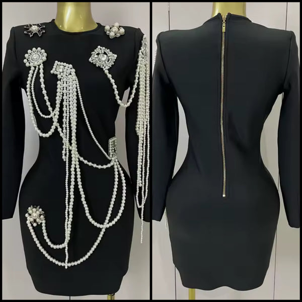 Women Black Sexy Beaded Pearl Full Sleeve Dress