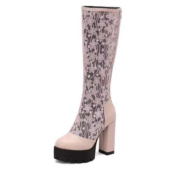 Women Fashion Color Floral Mesh Platform Knee High Boots