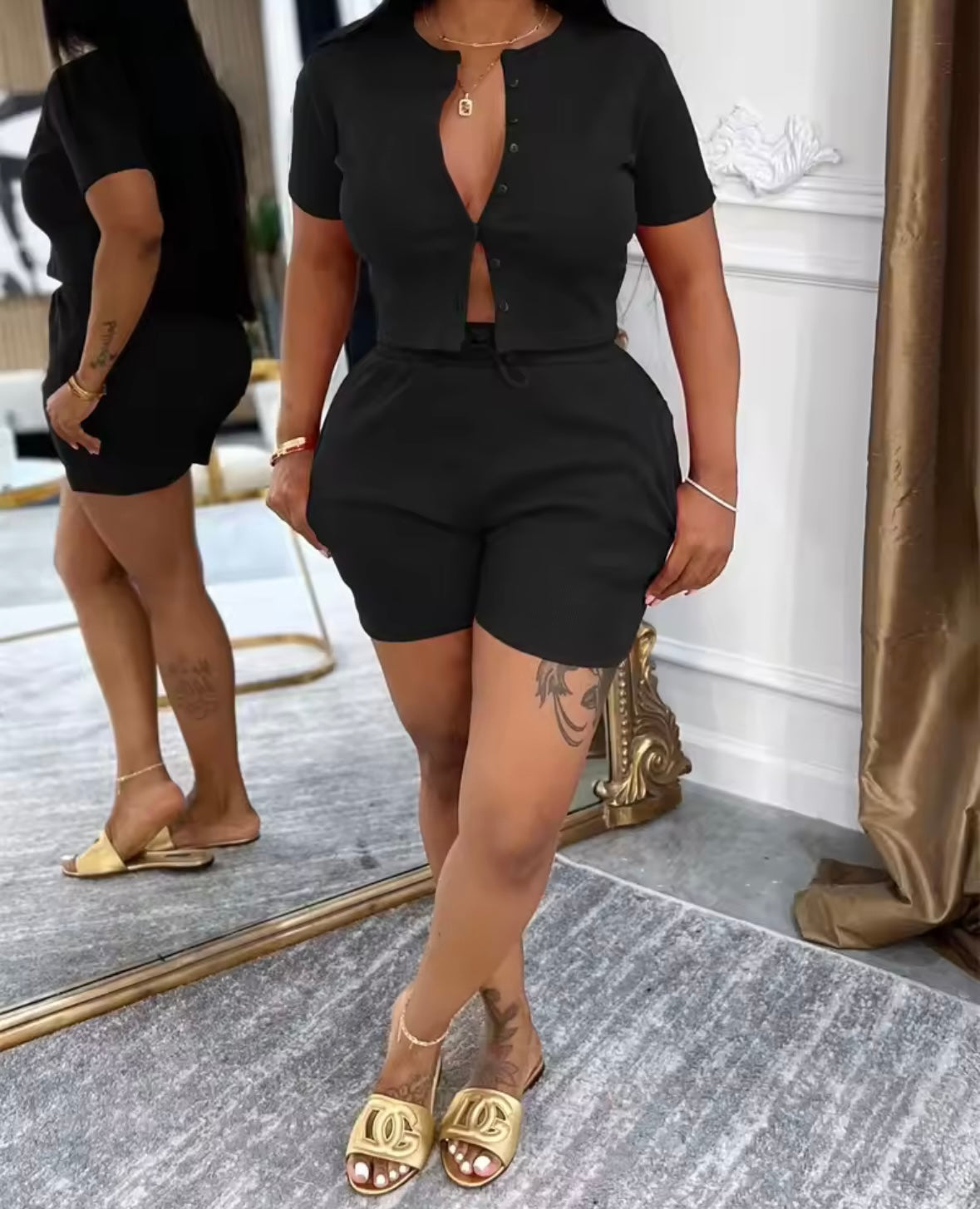 Women Fashion Button Up Short Sleeve Two Piece Short Set