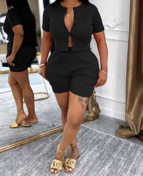 Women Fashion Button Up Short Sleeve Two Piece Short Set