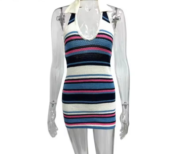 Women Sexy Halter Sleeveless Colorful Striped Dress