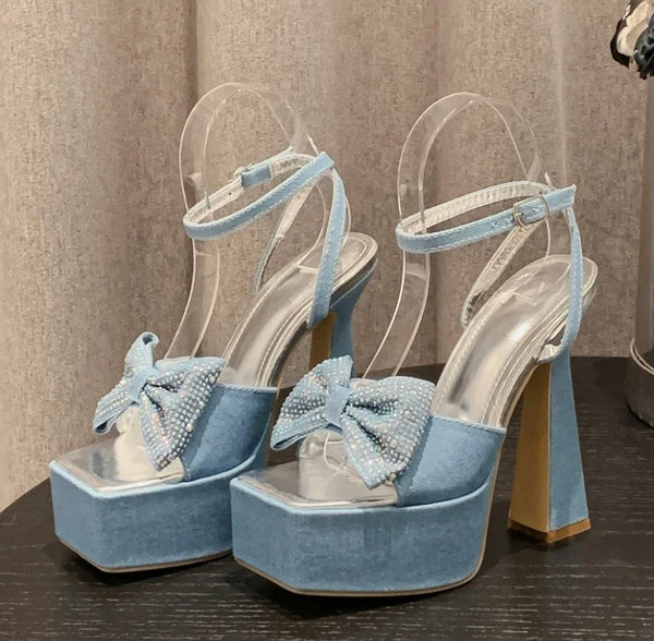 Women Fashion Denim Bow Platform Ankle Strap Sandals