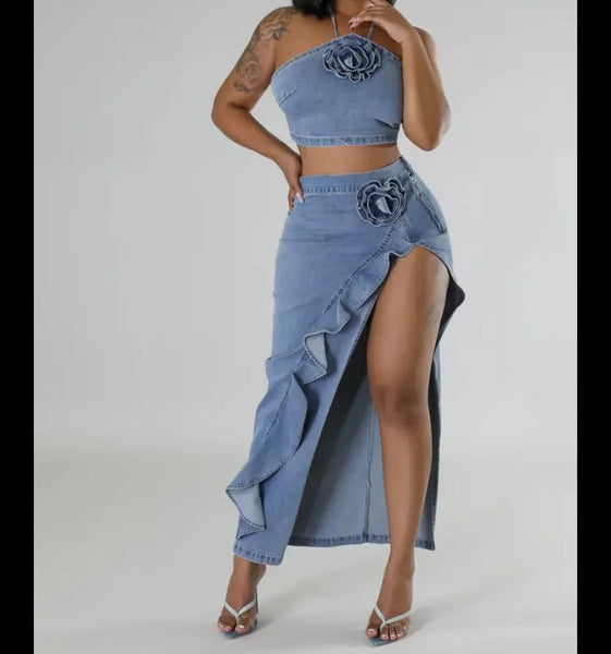 Women Sexy Halter Sleeveless Ruffled Floral Denim Two Piece Skirt Set