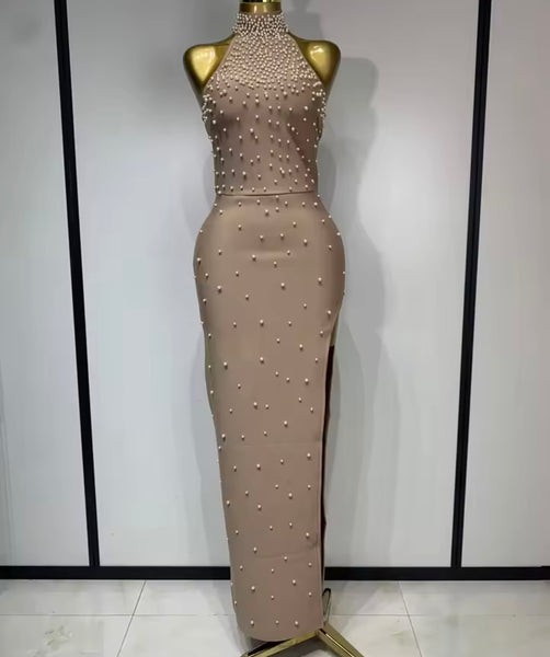 Women Sexy Sleeveless Pearl Side Split Maxi Dress