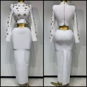 Women Sexy White Rhinestone Full Sleeve Two Piece Maxi Skirt Set