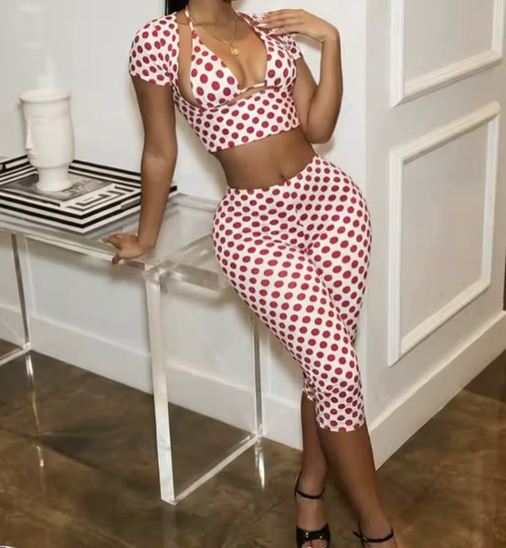 Women Sexy Fashion Polka Dot Crop Three Piece Capri Pant Set
