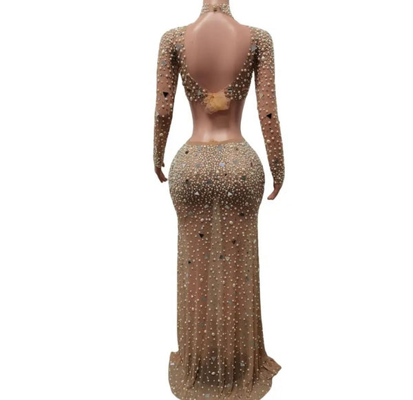 Women Nude Sexy Beaded Bling Full Sleeve Two Piece Mesh Skirt Set