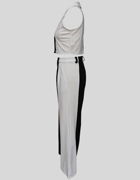 Women Fashion Sleeveless B&W Button Up Two Piece Pant Set