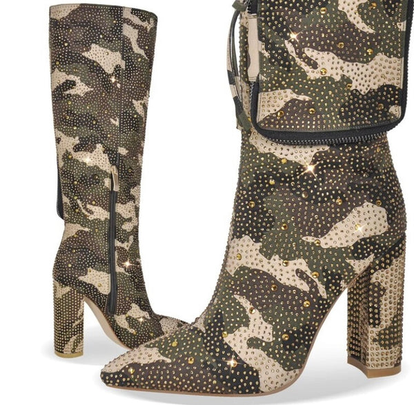 Women Fashion Bling Pocket Camouflage Knee High Boots