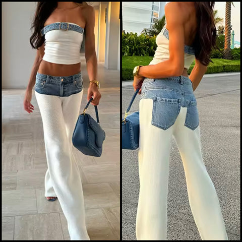 Women Buckled Strapless Denim Patchwork Two Piece Pant Set