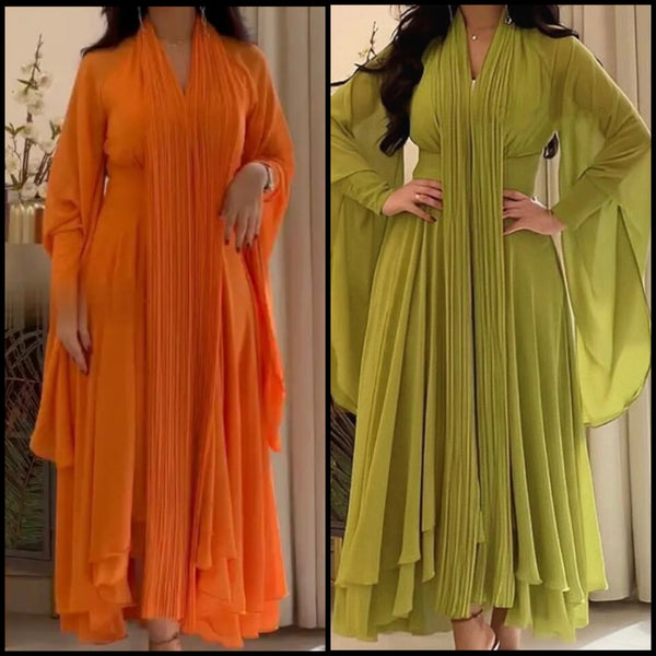 Women Sexy Solid Color Full Sleeve Ruffled Maxi Dress